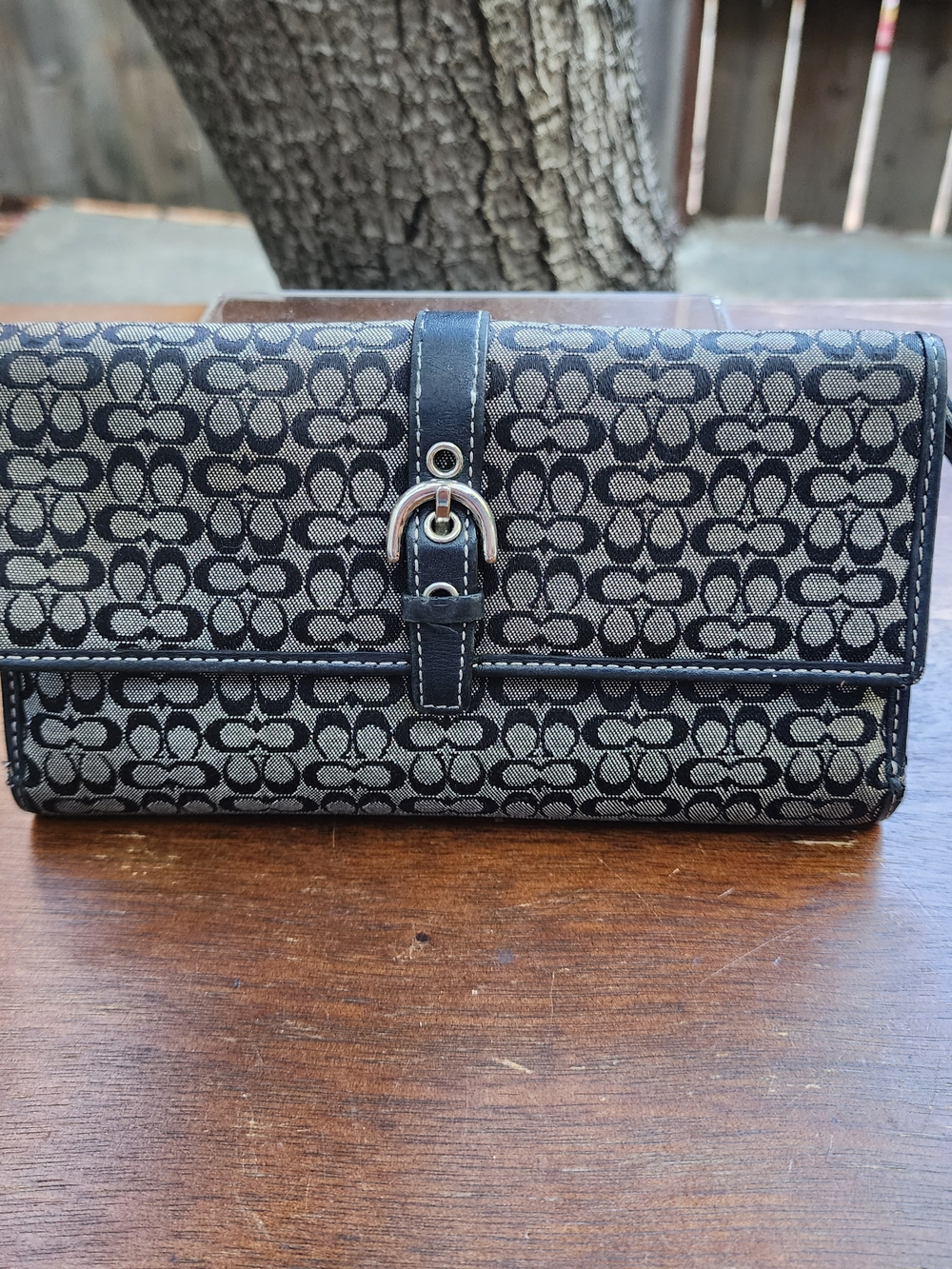 COACH Vintage Soho Signature C Canvas Trifold Checkbook Wallet Black Grey